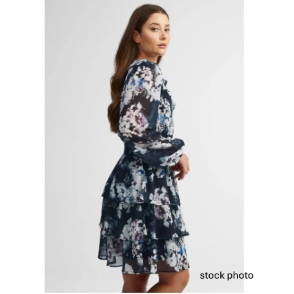 AKA Floral Mini Dress, Sapphire Blue Dress with Tiered Ruffles; Long Sleeve; XS - Picture 2 of 16